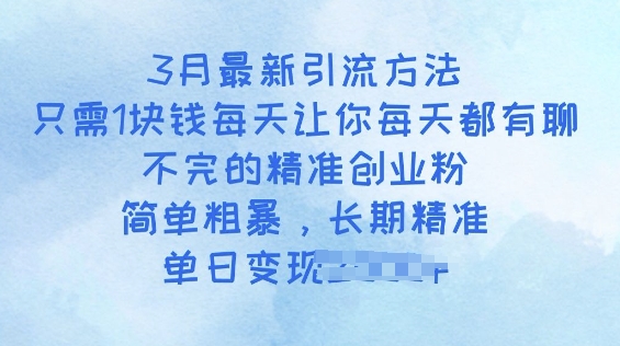 3月最新引流方法，只需1块钱每天让你每天都有聊不完的精准创业粉，简单粗暴，长期精准-加成